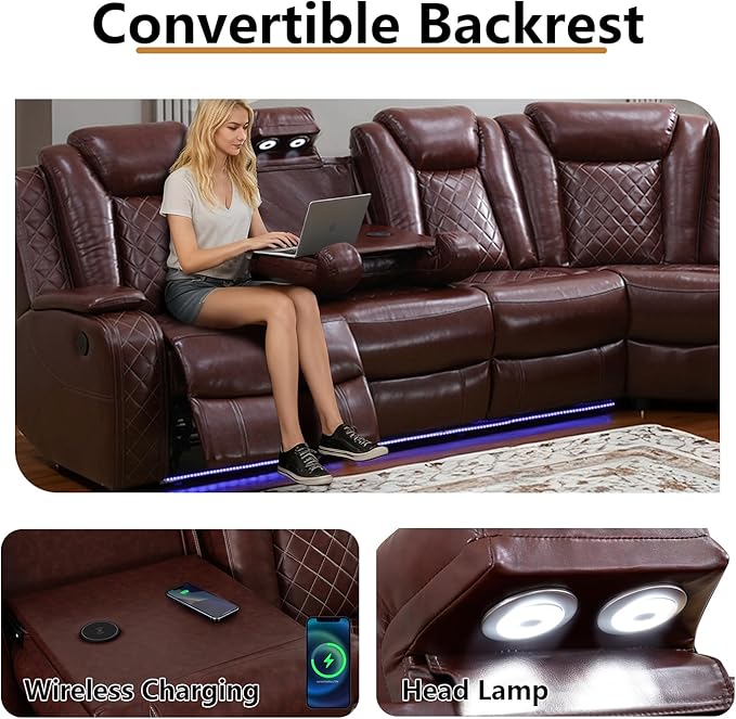 Power Leather Recliner Sectional Sofa with LED Light,L Shaped Reclining Couch with USB Charger/Cup Holder/Storage,Leather Sofa for Living Room Furniture Sets(Burgundy,Sectional+2 Seats)