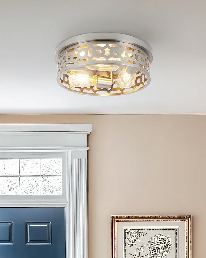 Flush Mount Ceiling Light Fixtures,Brushed Nickel 3-Light Hallway Light Fixtures,13 inch Modern Light Fixture Ceiling Mount for Farmhouse Kitchen Bedroom 2 Pack