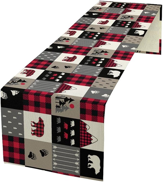 Vintage Rustic Table Rustic Cabin Red Brown Bear Retro Wildlife Farmhouse Theme for Kitchen Dining Room Holiday Party Family Gatherings Decor 13x60in
