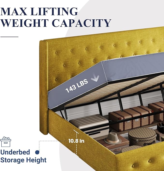 Allewie King Size Lift Up Storage Bed, Button Tufted Headboard with Wingback, Hydraulic Support, No Box Spring Needed, Olive Yellow