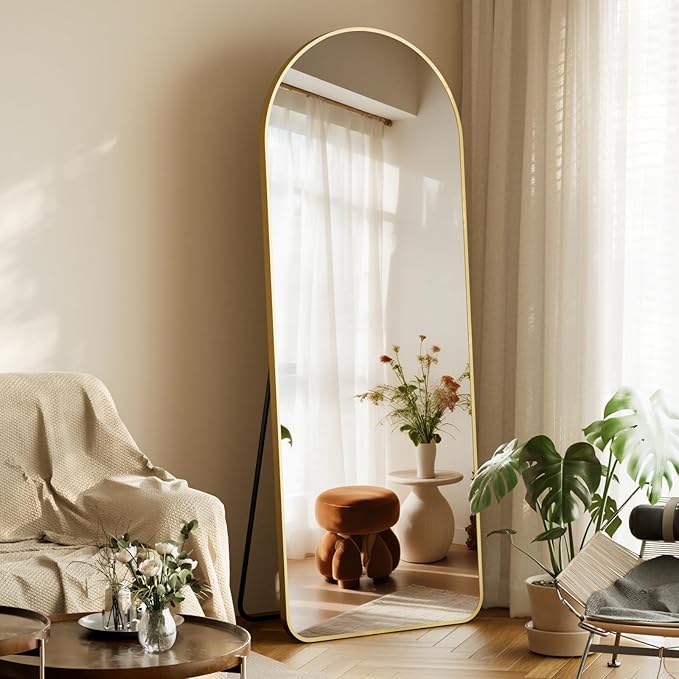 HARRITPURE Arched Full Length Mirror - 64"x21" Large Floor Standing Mirror, Aluminum Frame Full Body Mirrors with Stand for Bedroom/Living Room Wall Mounted, Gold