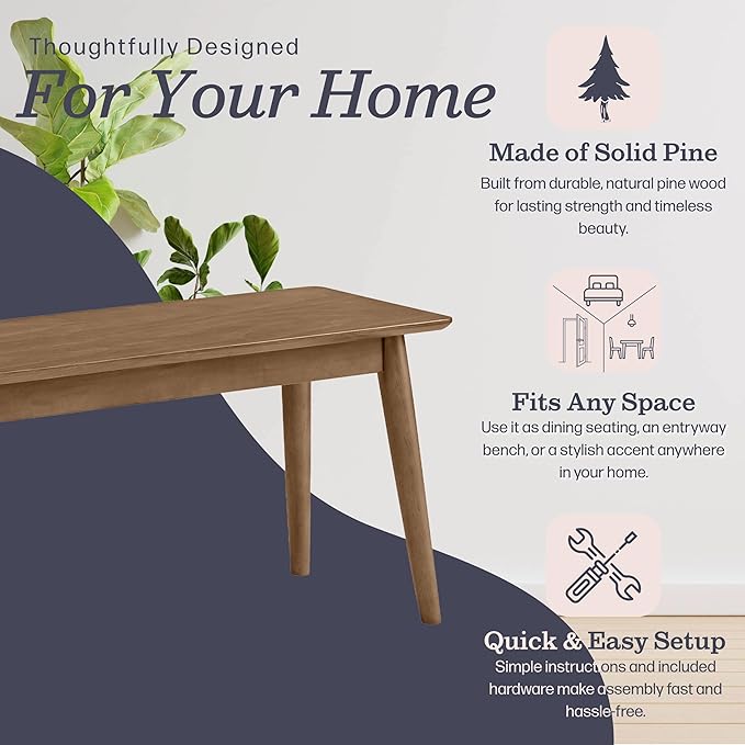 Alaterre Furniture Calais Dining – Mid Century Modern 46-Inch Solid Wood Dining Bench – Entryway Bench with Minimalist Design for Entryway, Dining Room, Kitchen, or Bedroom (Pecan Finish)