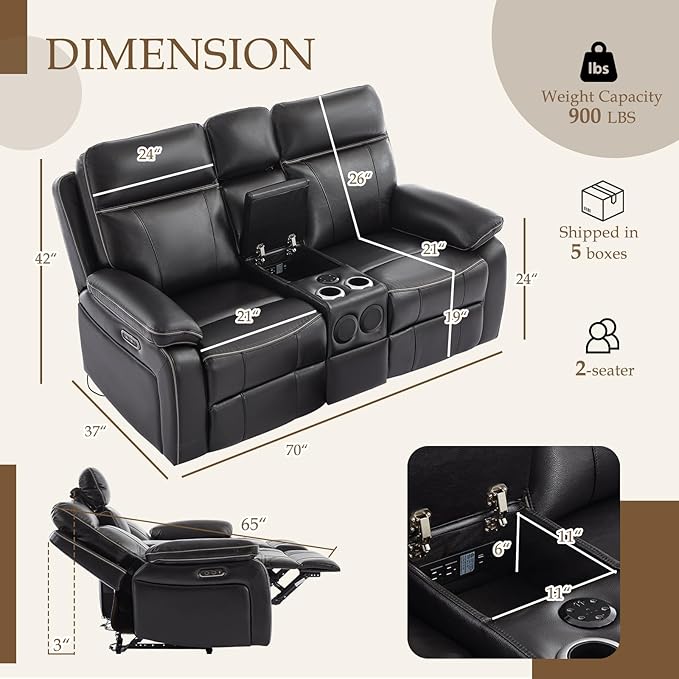 Power Reclining Loveseat with LED Reading Light/Bluetooth Speakers/Storage Drawer, Power Loveseat Recliner Sofa Wall Hugger Reclining Loveseat for Living Room(Black, 2 Seat with Console) | Outlets, USB & Type-C Ports