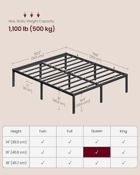VASAGLE Queen Metal Bed Frame 16 Inches Tall, 1100 lb Weight Capacity, No Box Spring Needed, with Under-Bed Storage, Easy Setup, Heavy-Duty Platform Bed, Mattress Retainers, Matte Black URMB661BD02S