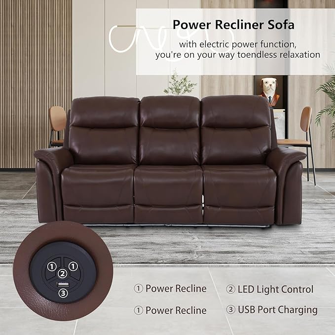 Power Recliner Sofa for Living Room, Air Leather Reclining Sofa 3 Seat with Flip-Down Middle Backrest, LED Lighting, USB Charging Port (Brown)