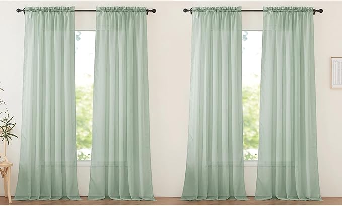 NICETOWN Sheer Curtains for Living Room Extra Long, Rod Pocket Soft Voile Sheer Elegant Window Treatments Airy & Breathable for Bedroom, Sage Green, W60 x L95, Set of 4