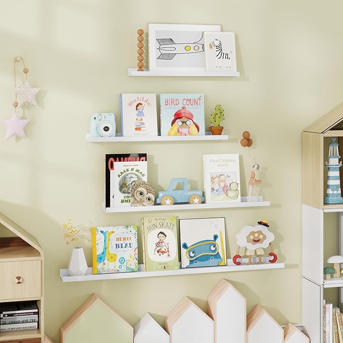 Fun Memories Long Wall Shelves Set of 2-60 Inch Floating Shelves for Wall - Picture Ledge Shelf with Lip for Storage - Wall - Mounted Shelves for Bedroom - Living Room - Kitchen - White Color