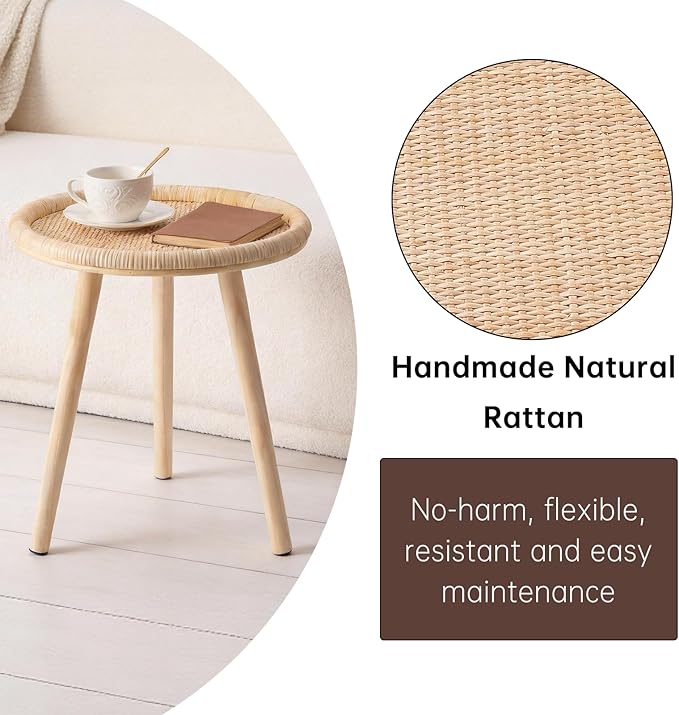 Small Side Table, Rattan Round Coffee Table, Boho Circle Side Tables End Table for Living Room, Mid Century Accent Table for Bedroom Balcony