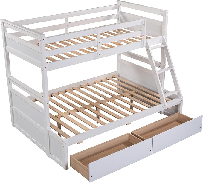 Twin Over Full Bunk Beds with 2 Under Bed Storage Drawers, Stronger & More Stable Bunkbed, White