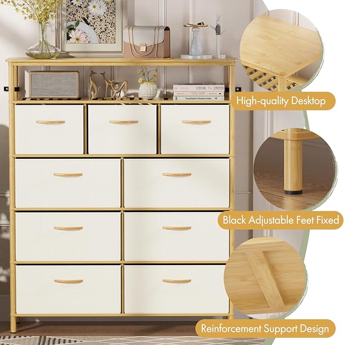 9 Drawer Fabric Dresser, Bamboo Fabric Drawer Dresser, Large Capacity Storage, for Bedroom and Living Room