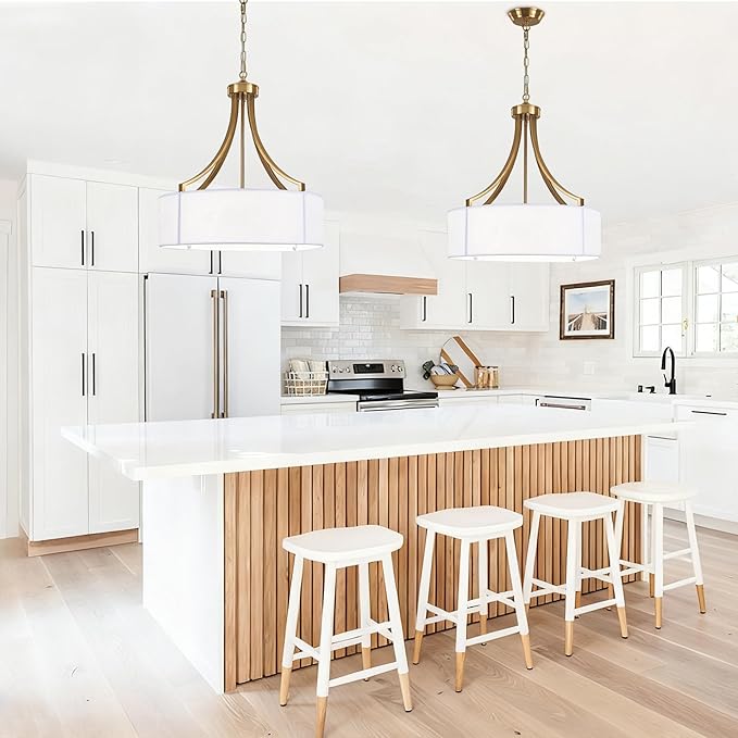 20" Modern Gold Farmhouse Drum Chandeliers for Dining Room, 6-Light Rustic Drum Pendant Light with White Fabric Shade, Hanging Light Fixture for Living Room Bedroom Foyer Kitchen Island Entryway