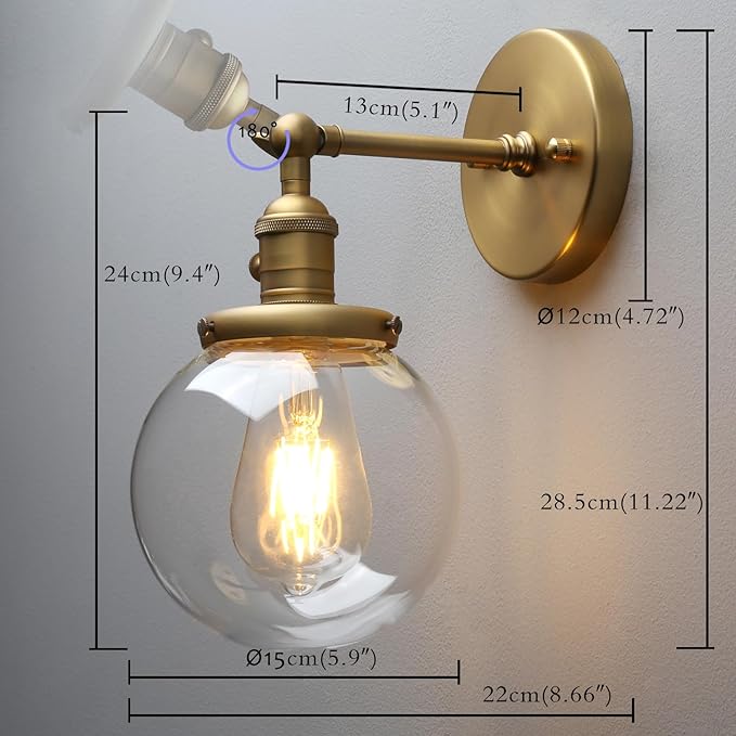 PERMO Vintage Wall Sconce Industrial Lighting Fixture with 5.9" Round Clear Glass Globe Hand Blown Shade (Antique)
