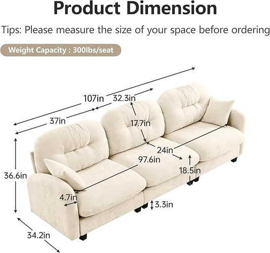 KEIKI 107" Oversized Chenille Modular Sectional Sofa with High-Density Foam Cushion and Tufted Pleated Cushion Backrest, Upholstered Modern 3-Seater Cloud Couch with 2 Pillow, for Living Room, Beige