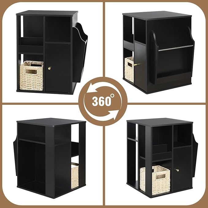 TooCust Rotating End Table with Storage, Square Rotating Side Table Living Room, Side Table with Magazine Holder, Basket and Cabinet, Swivel End Table with Multiple Storage (Black)