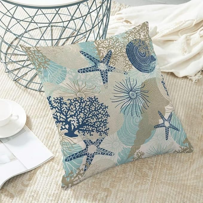 Nautical Coastal Throw Pillow Cover 18X18 Inch Pack of 2,Summer Beach Ocean Themed Decorative Pillow Covers Square Linen Starfish Seashell Pillow Cases Cushion for Bedroom Home Sofa Decoration