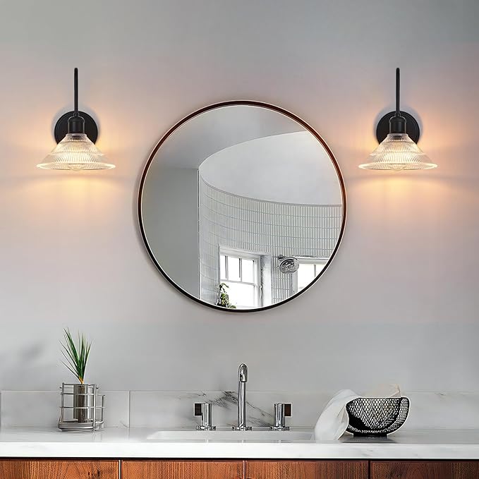 Wall Sconce Set of 2, Black Vintage Light Fixtures with Round Clear Glass Lampshade, Hardwired Sconces Wall Lighting for Bedroom, Bathroom, Living Room | Includes 2 LED Bulbs