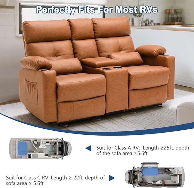 68'' RV Power Reclining Loveseat with Heat and Massage| RV Loveseat Recliner Sofa with Console| Double Reclining Couch with Cup Holder | Loveseat ReclinerTheater Seating(PU, Brown)