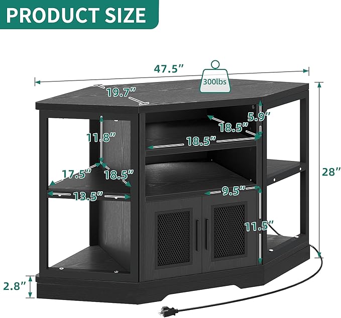 YITAHOME Corner TV Stand for TVs up to 50 Inch with Power Outlet, Modern Farmhouse Entertainment Center, Wood TV Media Console with Storage Cabinets Shelves for Living Room, 47" Black