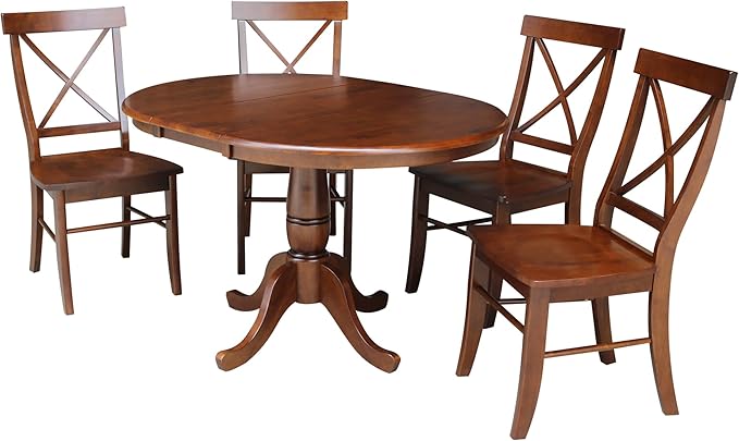 International Concepts 36" Round Top Pedestal Ext Table With 12" Leaf And 4 X-Back Chairs, Espresso