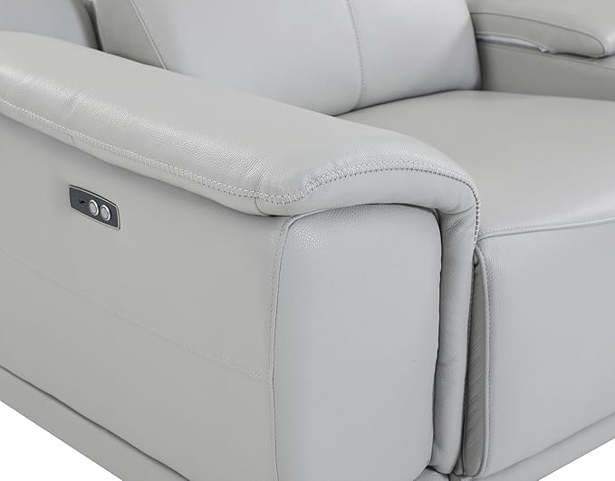 BlackJack Furniture Venice Top Grain Italian Leather Dual Power Recliner Sofa - 107" Theater Seating Modern Couch for Living Room Apartment Home with Adjustable Headrests & USB Port, Light Grey