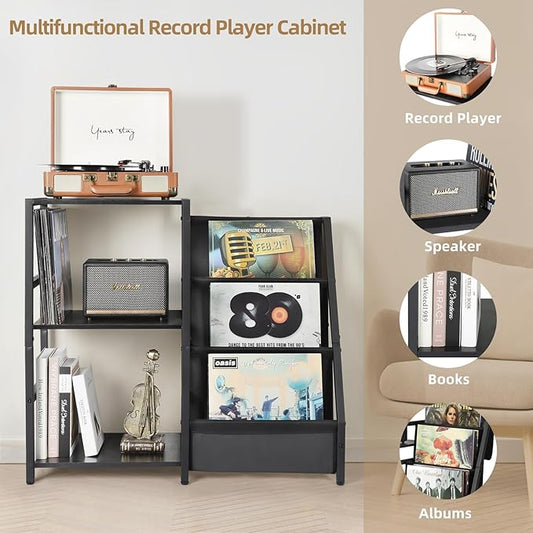 Bikoney Record Player Stand, Turntable Stand with 3-Tier Vinyl Record Storage, Record Player Table Up to 200 Albums, End Table for Records, Vinyl Record Holder