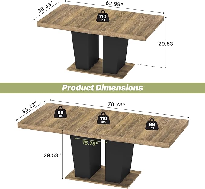 63"-78.7" Expandable Dining Table, 6-10 Rectangle Table, Extendable Console Table, Wooden Farmhouse Kitchen Table with Metal Track & Dual Column Base for Living, Office-Brown