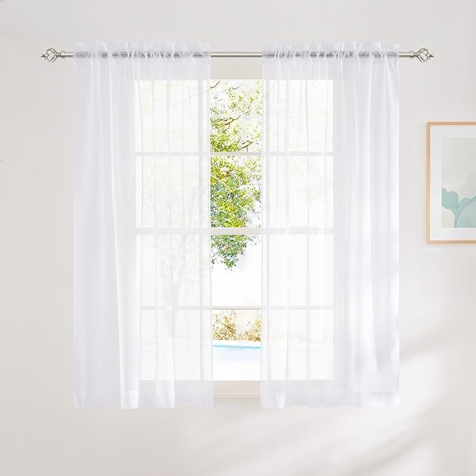 NICETOWN White Sheer Curtains 63 inches Long for Bedroom, Rod Pocket Lightweight Drapes Home Decor Voile Sheer Air & Breathable Window Treatments for Kids Room, W42 x L63, 2 Panels