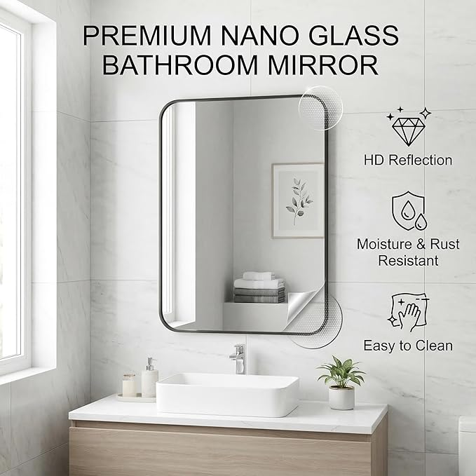 Koonmi Bathroom Mirror, 30X40 Inch Black Metal Framed Mirror for Bathroom, Tempered Glass, Anti-Rust, Rounded Rectangle Mirror for Restroom, Bedroom, Black