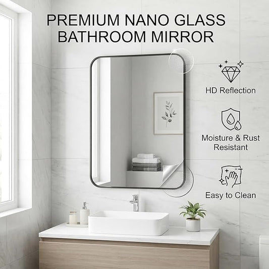 Koonmi Metal Framed Bathroom Mirror, 24"X36" Anti-Rust Bathroom Vanity Mirror, High-Definition Tempered Glass Wall Mounted Mirror for Over Sink, Modern Decorative Wall Mirror for Restroom