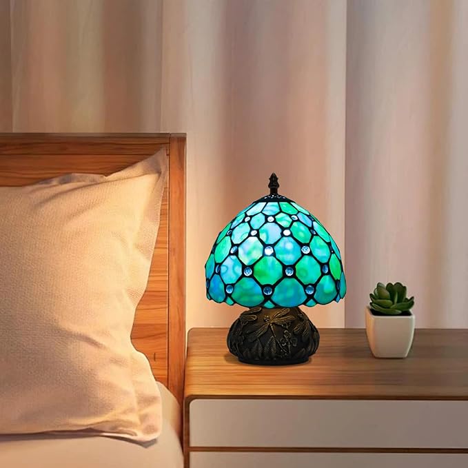 JHuiLap Small Tiffany Stained Glass Lamp, 3 Color Temperatures Bedside Lamp, 8 Inch Blue Pearl Beads Style Mushroom Desk Light for Bedroom Living Room Office Home Decor (Blue)