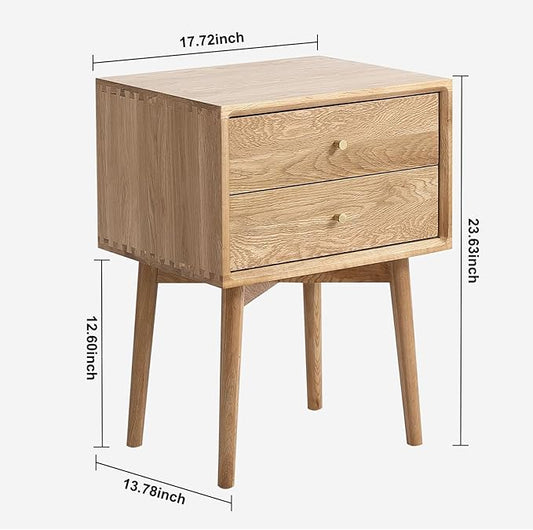 Mid Century Modern Nightstands, Oak Bedside Table Solid Wood End Table with Drawers Real Wooden Cabinet Organizer for Bedroom, Natural Color