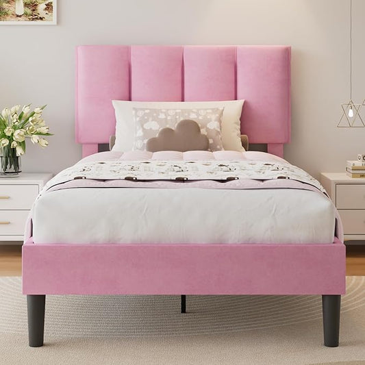 VECELO Twin Size Bed Frame with Upholstered Headboard, Heavy-Duty Bedframe with Wooden Slats & Steel Framework, Easy Assembly, Pink