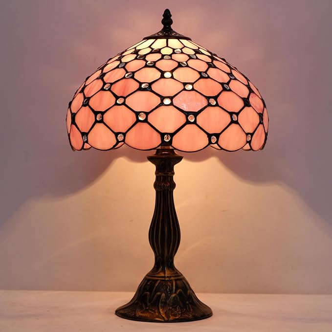 WERFACTORY Tiffany Lamp Pink Stained Glass Bead Table Lamp Desk Bedside Reading Light 12X12X18 Inches Deco Bedroom Living Room Home Office S005 Series