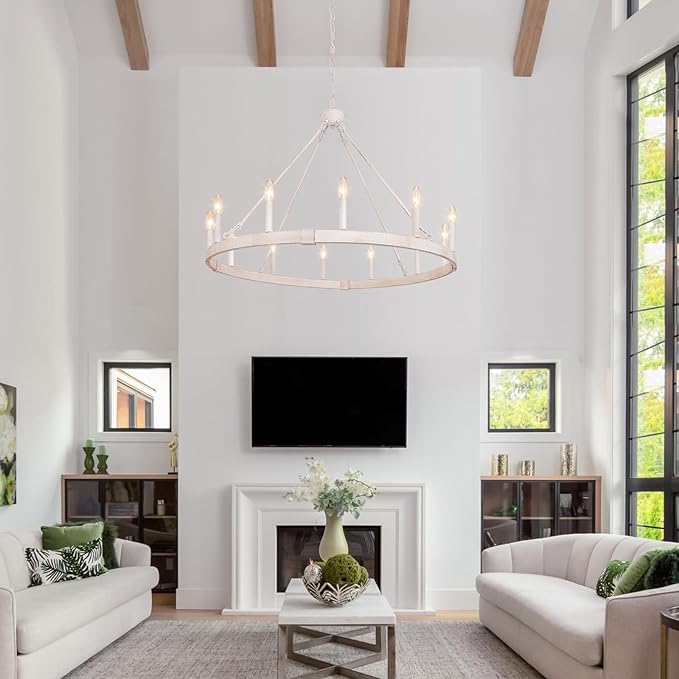 White Wagon Wheel Chandelier 37.4 inch, 12-Light Large Round Industrial White Farmhouse Chandeliers for Living Room Dining Room Foyer Entryway Outdoor Porch High Ceilings