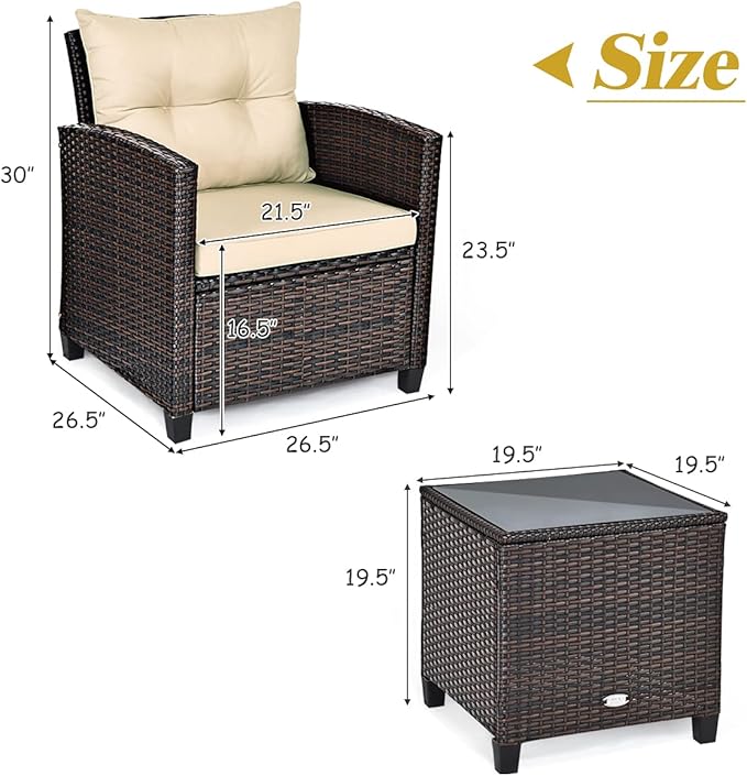 AUGESTER 3 PCS Patio Furniture Set, Outdoor PE Rattan Wicker Conversation Sofa Set w/Washable Cushion and Tempered Glass Tabletop, All Weather Chat Sofa for Garden Poolside Balcony Porch (Beige)