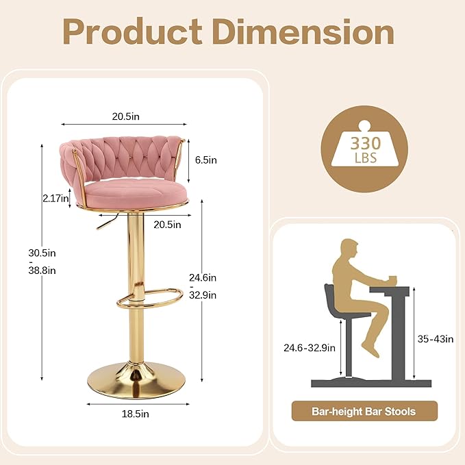 VECELO Bar Stools Set of 2, Adjustable Barstools Counter Height Stools with Back and Arm, Velvet Woven Kitchen Island Stools w/Gold Metal Leg Base, 360° Swivel Bar Chair, Pink