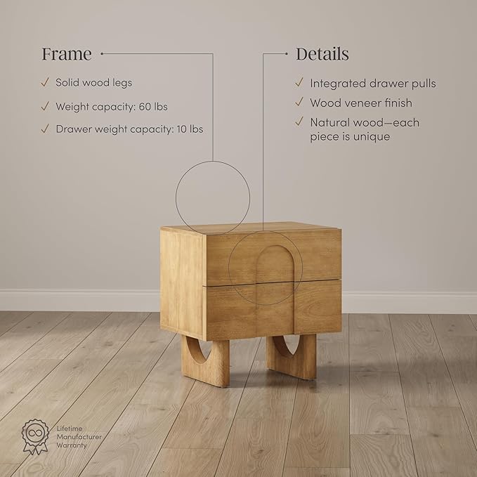 Nathan James Jett Mid Century Modern Nightstand or Bedside Table Set of 2, Wooden Bedside Table with Drawers and Arched Door Cutout, Light Brown