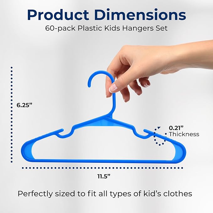 SereneLife 60 Pack Kids Plastic Hangers - Slim Design with Shoulder Grooves, Everyday Standard Use, Ideal for Boys and Girls Closet - Children's Hangers for Baby, Toddler, and Child Clothes (Blue)