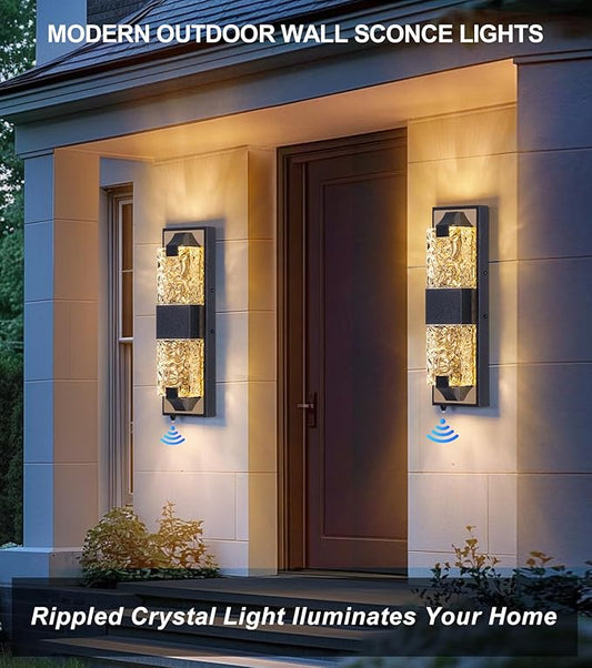 HITTO Porch Lights Outdoor, Dusk to Dawn Outdoor Lighting 15.6'' Outdoor Wall Sconce, IP65 Waterproof LED Exterior Lamp, Ripple Crystal Glass, Black&Gold Modern Porch Light for House Front Door 1 Pack
