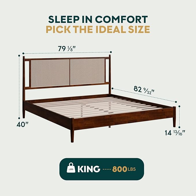 Bme Oliver King Bed Frame and Headboard - 15-Inch Signature Design with Rattan Headboard, Bohemian and Mid Century Style, 12-Slat Wood Support, No Box Spring Needed - Easy Assembly, Walnut