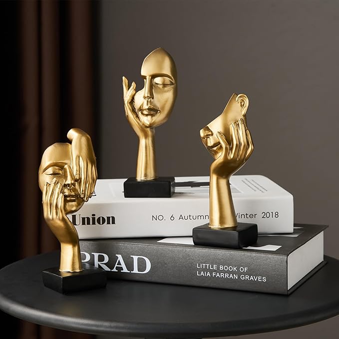 3 Pcs Gold Thinker Statues Sculptures for Home Decor, Golden Statues Table Decor Accents, House Decorations for Living Room Bedroom Office, Bookshelf Decorative Objects