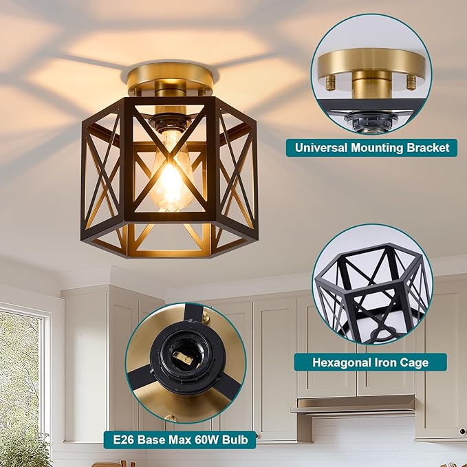 Black Gold Flush Mount Ceiling Light Fixtures, Farmhouse Ceiling Lights with Hexagonal Metal Cage, Modern Close to Ceiling Lamp, Small Chandelier for Kitchen Hallway Porch Bedroom, 2 Pack