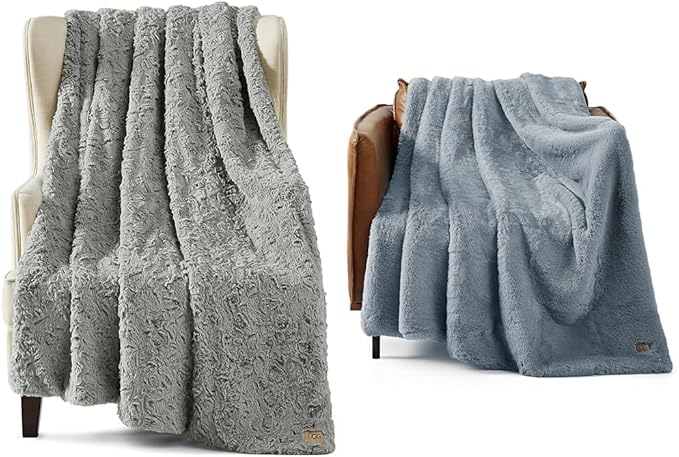 UGG 70x50-Inch Adalee Faux Fur Throw Blanket and Euphoria Faux Fur Reversible Throw for Sofa Couch Bed