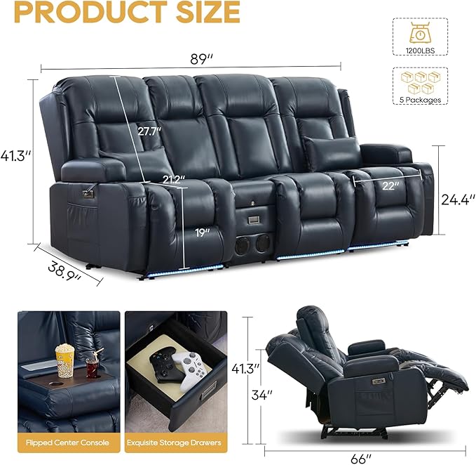 IPKIG Power Recliner Sofa with Flip-Up Backrest Console, USB & USB-C Ports, AC Outlet, LED Lights, Wall Hugger Recliners for Living Room, RV (Dark Blue, 89" - 4 Seat) | Breathable Leather, Zero Gravity, Dual Reclining, 2 Lumabr Pillow, Bluetooth Speakers