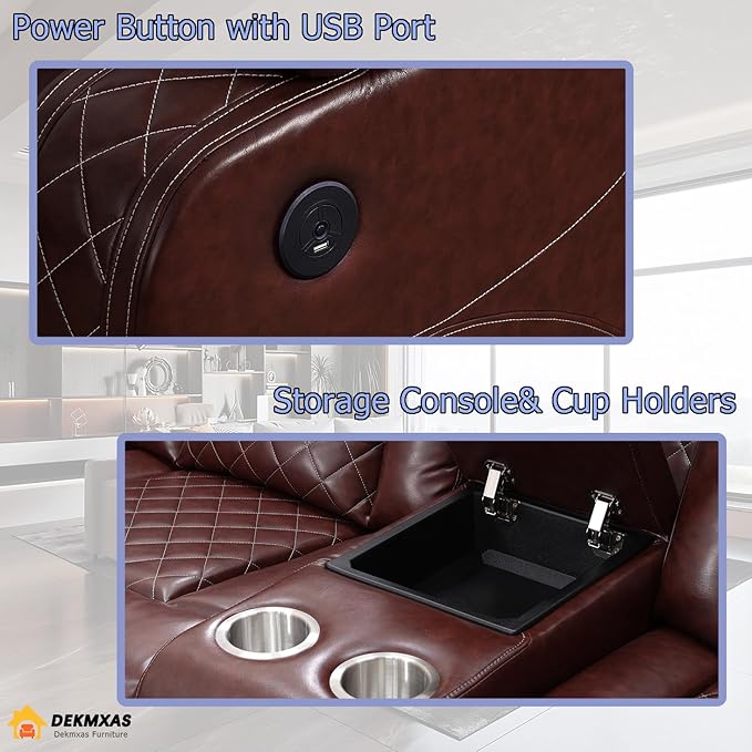Power Recliner Sofa Set with Cup Holders, Living Room Furniture Sofa Sets, Brown Breathing Leather Reclining Loveseat with LED Light & Storage Console for Office & Dorms & Living Room