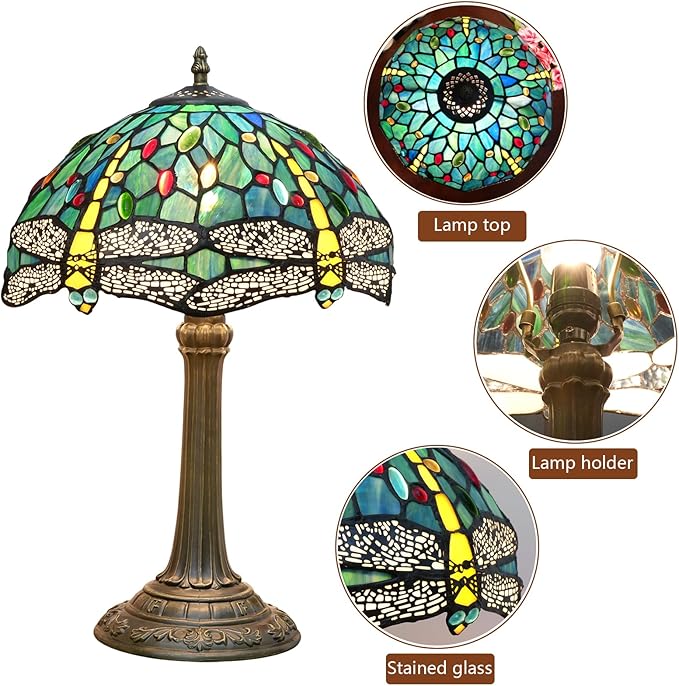 Tiffany Lamp Dragonfly Style Green Stained Glass Lamp Bedroom Table Lamp Reading Desk Light for Bedside Living Room Office Dormitory Dining Room Decorate Gift