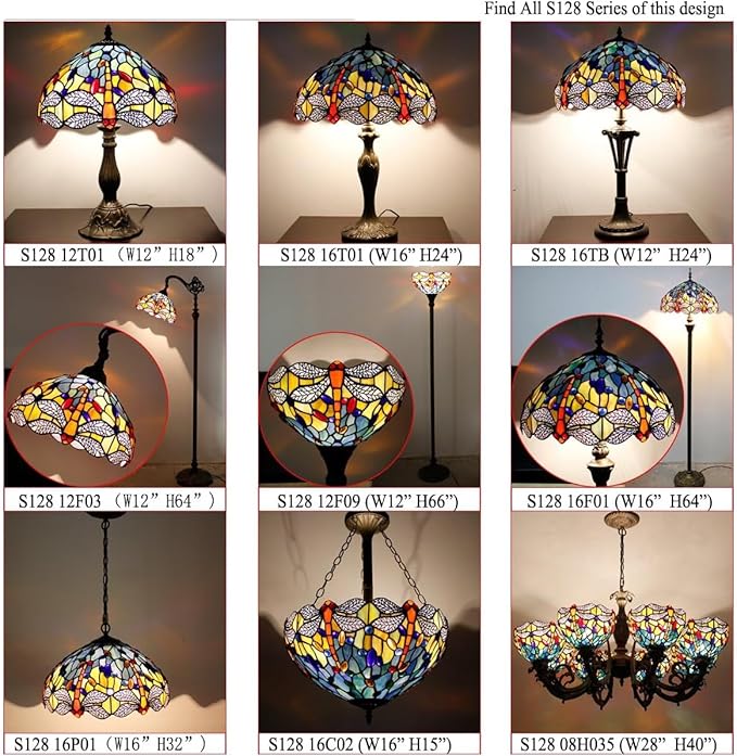 WERFACTORY Tiffany Lamp Stained Glass Bedside Table Lamp Navy Blue Yellow Turquoise Dragonfly 16X16X24 Inch Desk Light Metal Base Decor Bedroom Living Room Home Office S128 Series