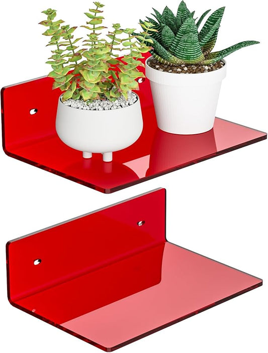 9 Inch Red Acrylic Small Wall Shelf, Home Wall Display Ledges for Storage, Room Décor, Space Saving, Items Organizer, 2 Pack