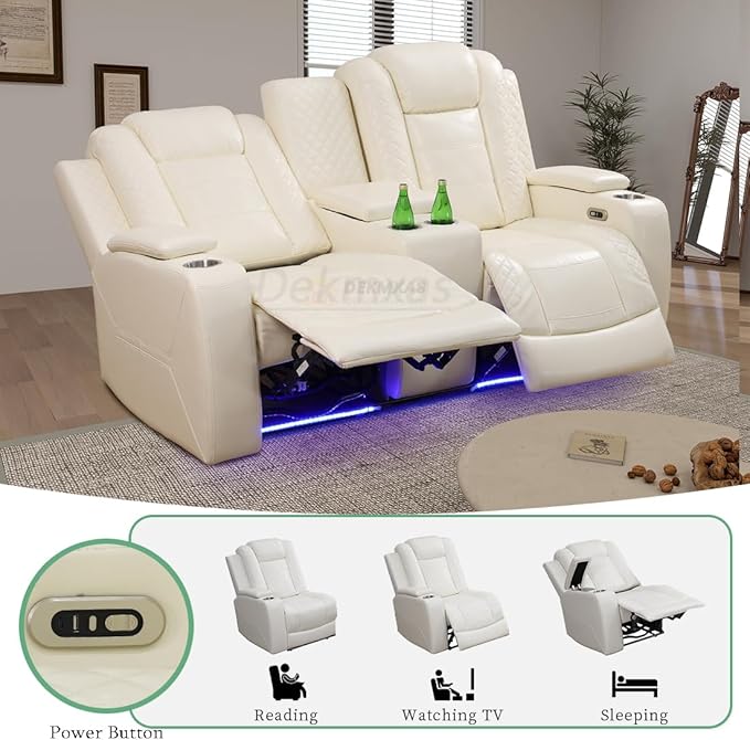 Power Recliner Sofa Couch, Living Room Furniture Sets, Creamy White Breathing Leather Power Reclining Loveseat with LED Light/Charging Ports/Storage Console/Cup Holders for Home Theater/Office