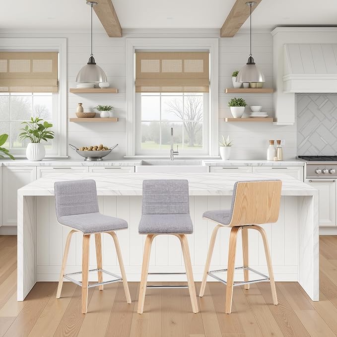 Vienna Modern Counter Height Swivel Bar Stool with Grey Upholstered Seat and Patterned Oak Wood Frame Set of 3